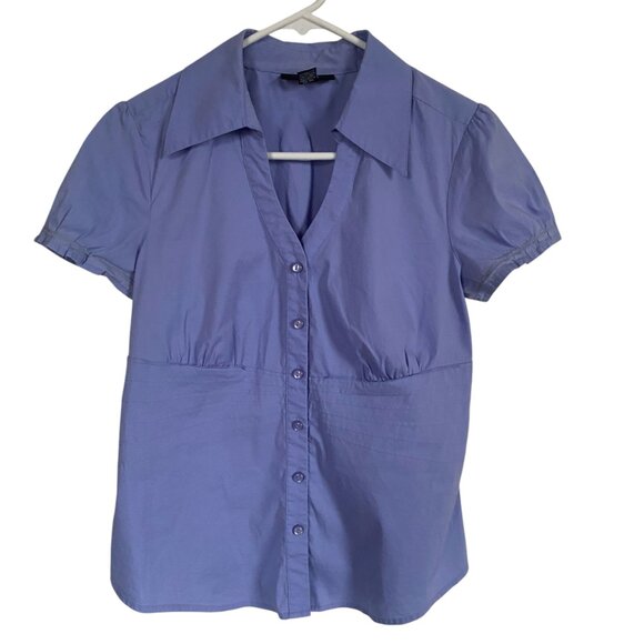 Alfani women's size 8 blue v-neck collared short sleeve button down blouse top - Picture 6 of 7